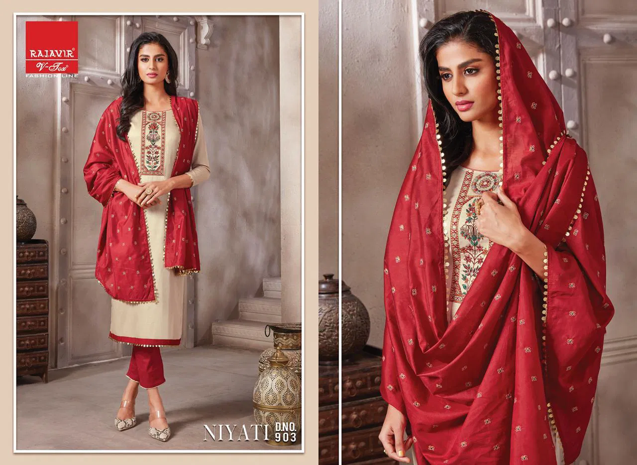Rajveer Niyati  Pure  Cotton Jam Satin With Embroidery  Latest Fancy Ethnic Wear Designer Dress Material